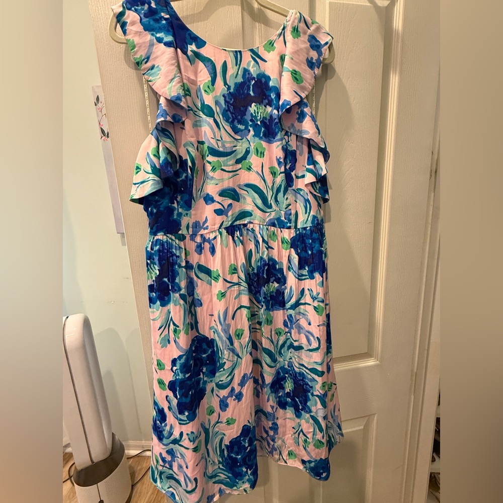 Lilly Pulitzer Pink Midi Dress with Blue Floral and Green Leaves